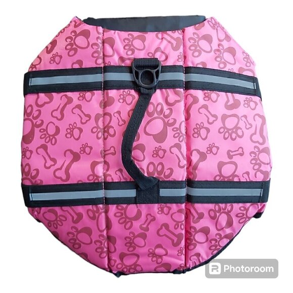 NWOT Pink Paw and Bones Print Dog Life Jacket/Vest With Handle - Size Large - Picture 1 of 6